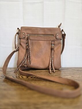 Women's Faux Leather Tan Crossbody Bag with Studded Tassels